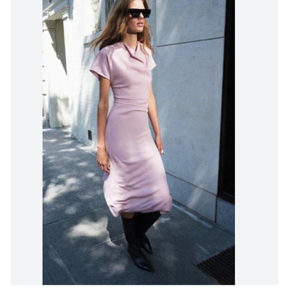 Zara Womens Midi Dress XL Pink Draped Ruched sleeveless 9045/021 NWD